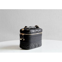 Dior Makeup Bag, Full Leather, Black, Gold Hardware, Vanity Box (Style: 9012), Size: 18.5x13x10.5cm