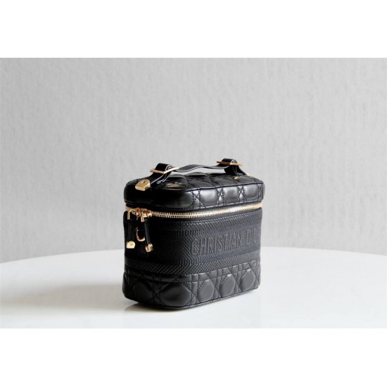 Dior Makeup Bag, Full Leather, Black, Gold Hardware, Vanity Box (Style: 9012), Size: 18.5x13x10.5cm