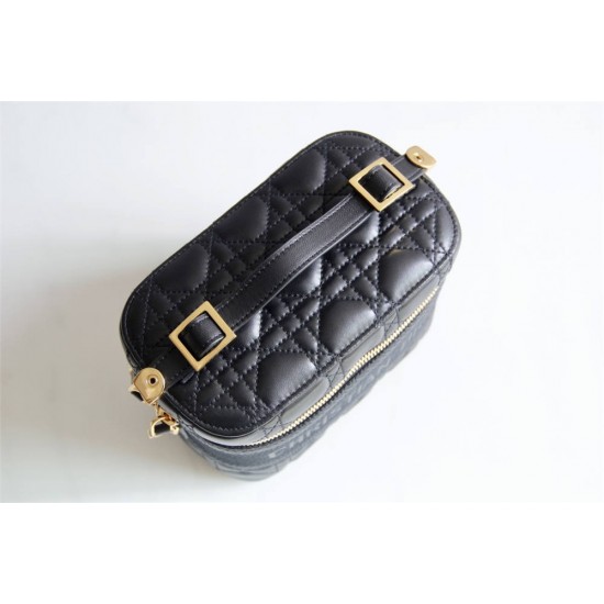 Dior Makeup Bag, Full Leather, Black, Gold Hardware, Vanity Box (Style: 9012), Size: 18.5x13x10.5cm