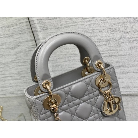 Lady Dior Mini 17cm, Three Blocks, Lambskin, Gray, Champagne Gold Hardware