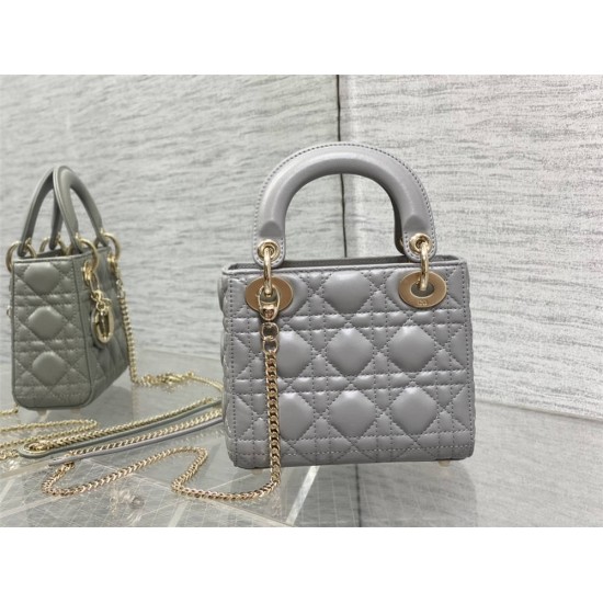 Lady Dior Mini 17cm, Three Blocks, Lambskin, Gray, Champagne Gold Hardware