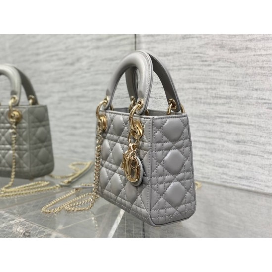 Lady Dior Mini 17cm, Three Blocks, Lambskin, Gray, Champagne Gold Hardware