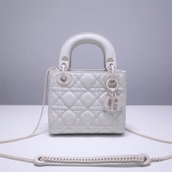 Lady Dior Mini 17cm, Three Blocks, Lambskin, Lady Matte White Pearl, White Matte Hardware