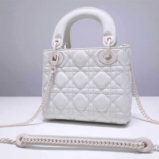 Lady Dior Mini 17cm, Three Blocks, Lambskin, Lady Matte White Pearl, White Matte Hardware