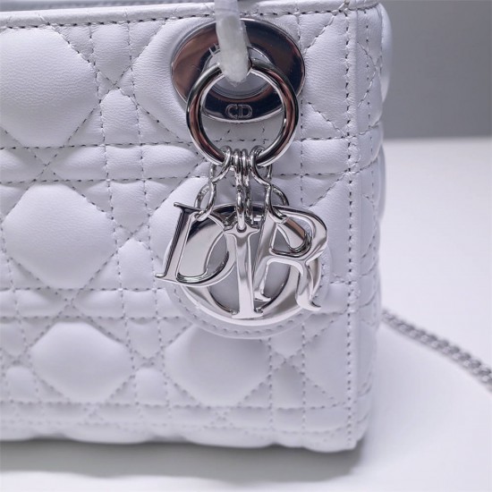 Lady Dior Mini 17cm, Three Blocks, Lambskin, White, Silver Hardware