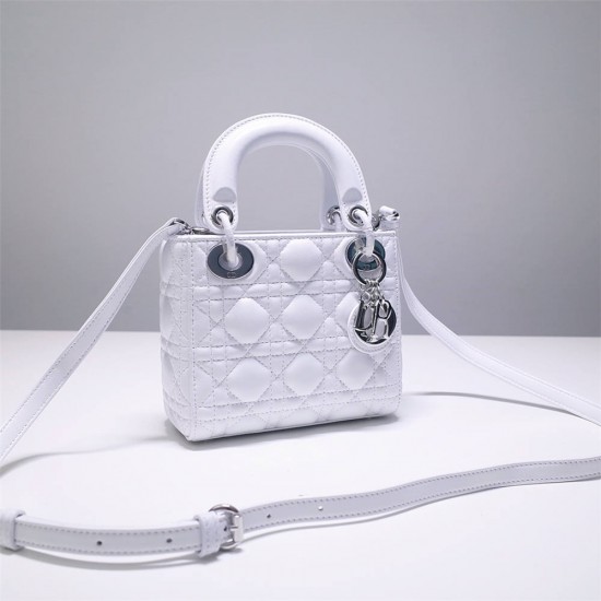 Lady Dior Mini 17cm, Three Blocks, Lambskin, White, Silver Hardware