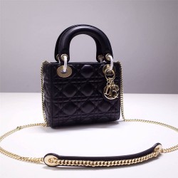 Lady Dior Mini 17cm, Three Blocks, Lambskin, Black, Champagne Gold Hardware