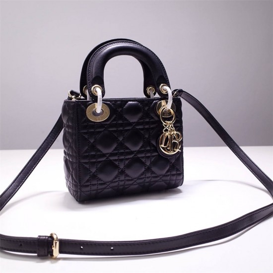 Lady Dior Mini 17cm, Three Blocks, Lambskin, Black, Champagne Gold Hardware