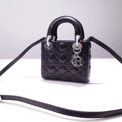 Lady Dior Mini 17cm, Three Blocks, Lambskin, Black, Silver Hardware