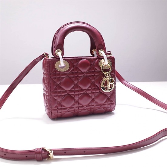 Lady Dior Mini 17cm, Three Blocks, Lambskin, Red, Champagne Gold Hardware