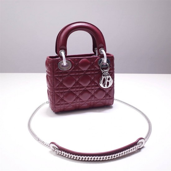 Lady Dior Mini 17cm, Three Blocks, Lambskin, Red, Silver Hardware