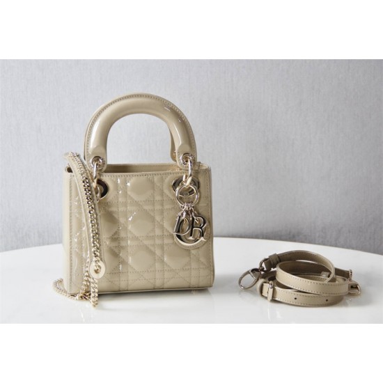 Lady Dior Mini 17cm, Three Blocks, Patent Leather, Light Yellow, Champagne Gold Hardware