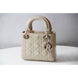 Lady Dior Mini 17cm, Three Blocks, Patent Leather, Light Yellow, Champagne Gold Hardware