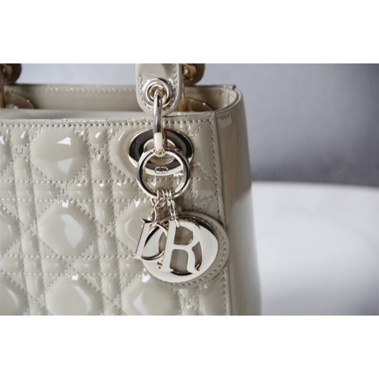 Lady Dior Mini 17cm, Three Blocks, Patent Leather, Light Yellow, Champagne Gold Hardware