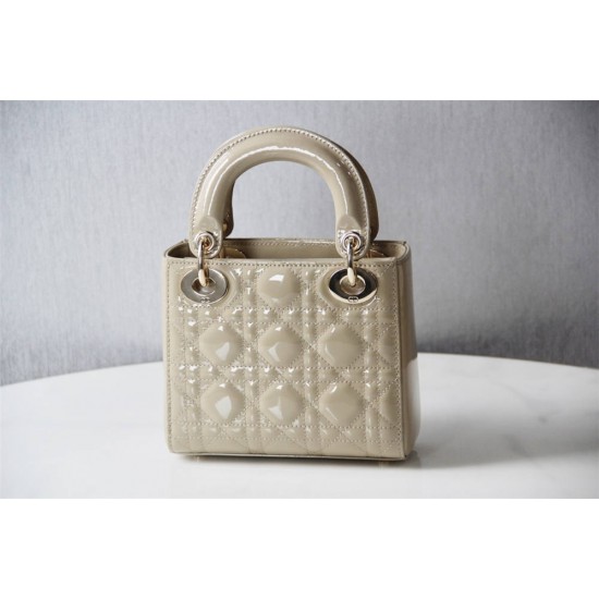 Lady Dior Mini 17cm, Three Blocks, Patent Leather, Light Yellow, Champagne Gold Hardware