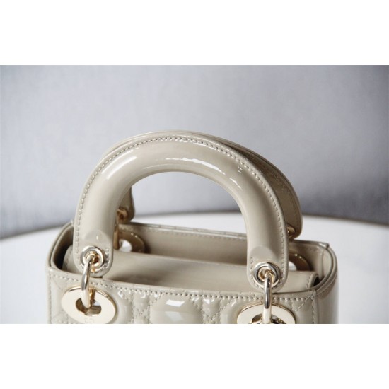 Lady Dior Mini 17cm, Three Blocks, Patent Leather, Light Yellow, Champagne Gold Hardware