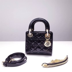 Lady Dior Mini 17cm, Three Blocks, Patent Leather, Black, Champagne Gold Hardware