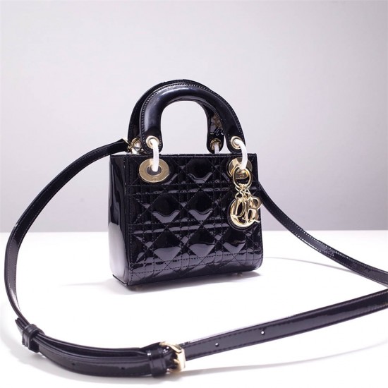 Lady Dior Mini 17cm, Three Blocks, Patent Leather, Black, Champagne Gold Hardware