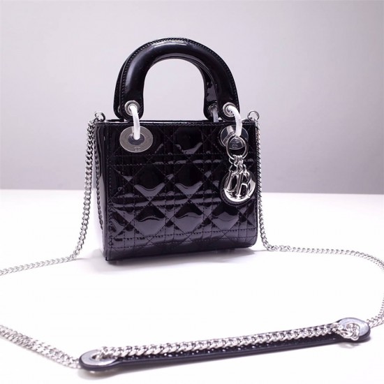 Lady Dior Mini 17cm, Three Blocks, Patent Leather, Black, Silver Hardware