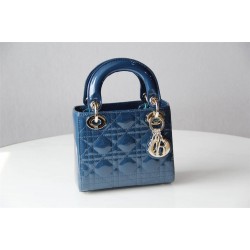 Lady Dior Mini 17cm, Three Blocks, Patent Leather, Blue, Champagne Gold Hardware