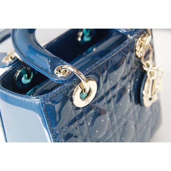 Lady Dior Mini 17cm, Three Blocks, Patent Leather, Blue, Champagne Gold Hardware