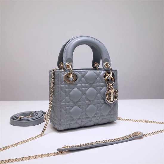 Lady Dior Mini 17cm, Three Blocks, Lambskin, Light Blue, Champagne Gold Hardware