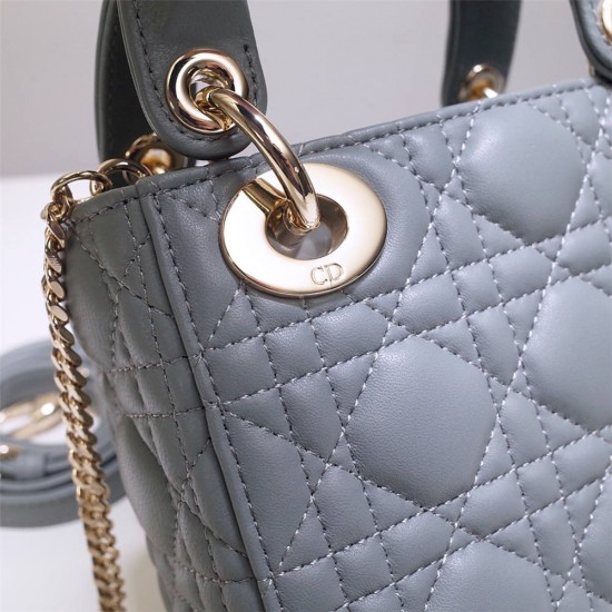 Lady Dior Mini 17cm, Three Blocks, Lambskin, Light Blue, Champagne Gold Hardware