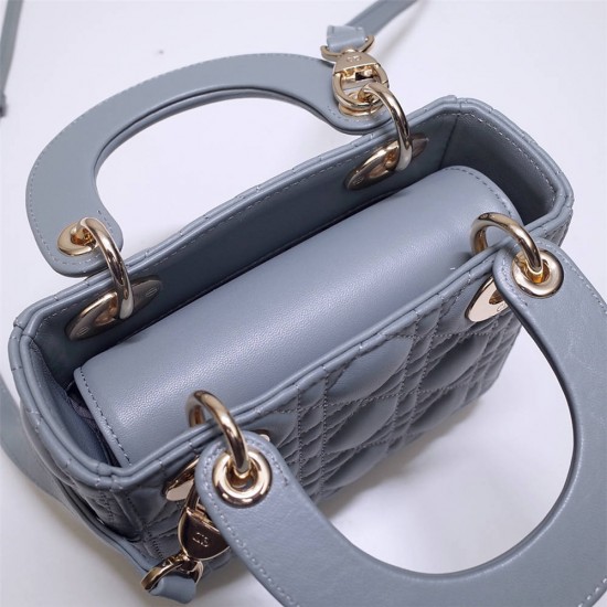 Lady Dior Mini 17cm, Three Blocks, Lambskin, Light Blue, Champagne Gold Hardware