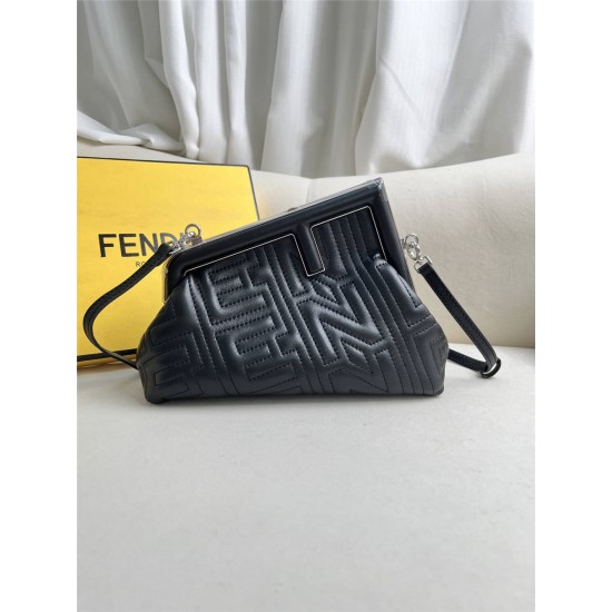 Fendi First 25 All Leather Embossed Black 25x18x9cm