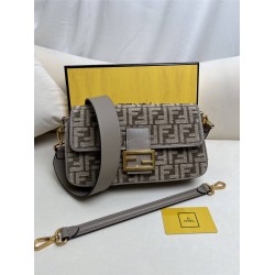 Fendi Baguette Medium 27 Gray Canvas Gold Buckle 27x15x6cm