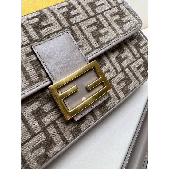 Fendi Baguette Medium 27 Gray Canvas Gold Buckle 27x15x6cm