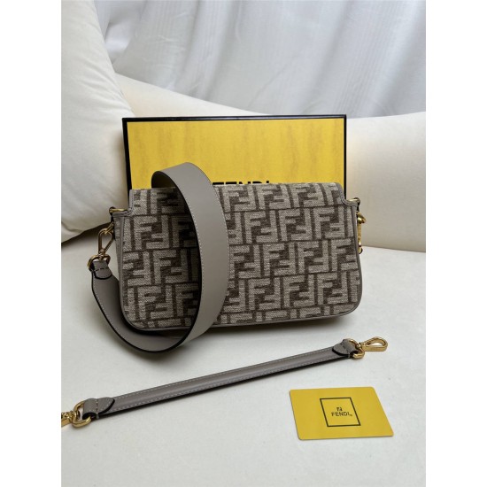 Fendi Baguette Medium 27 Gray Canvas Gold Buckle 27x15x6cm