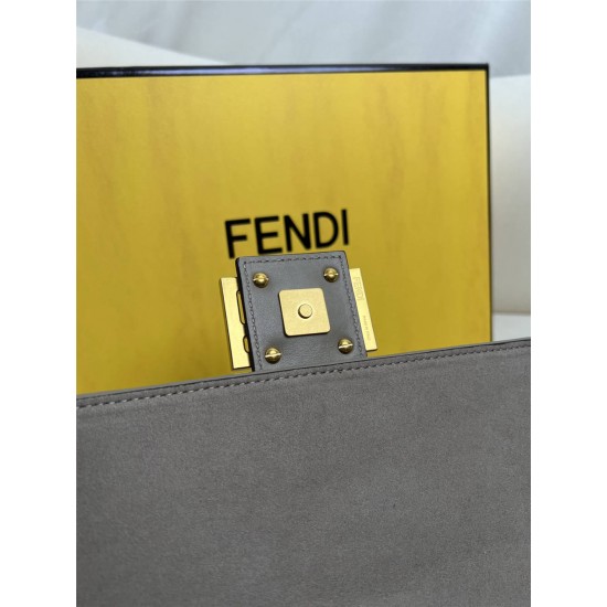 Fendi Baguette Medium 27 Gray Canvas Gold Buckle 27x15x6cm