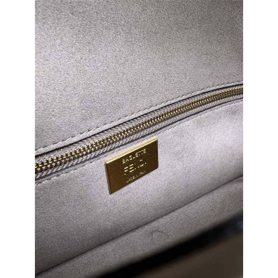 Fendi Baguette Medium 27 Gray Canvas Gold Buckle 27x15x6cm