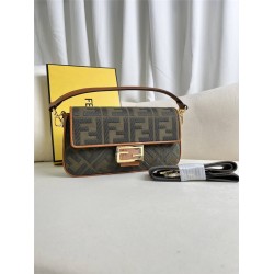 Fendi Baguette Medium 26 Brown Canvas Gold Buckle 26x13x6cm