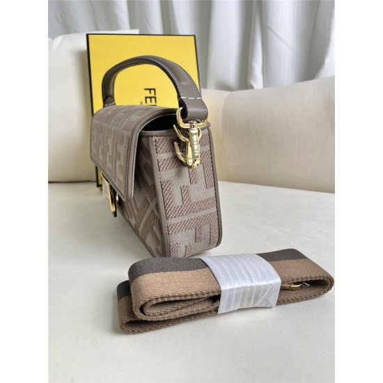 Fendi Baguette Medium 26 Gray Canvas Gold Buckle 26x13x6cm