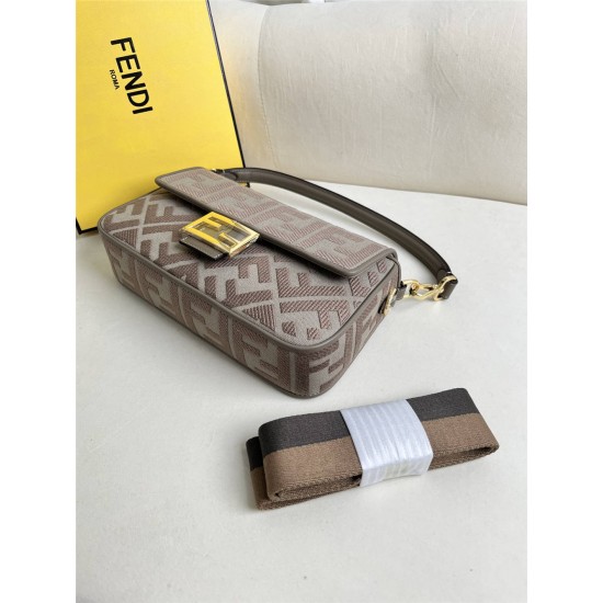 Fendi Baguette Medium 26 Gray Canvas Gold Buckle 26x13x6cm