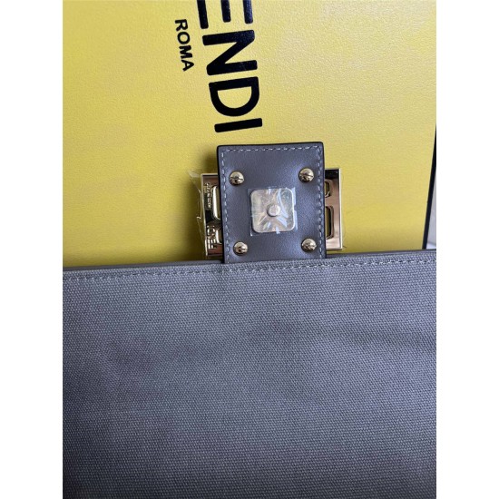 Fendi Baguette Medium 26 Gray Canvas Gold Buckle 26x13x6cm