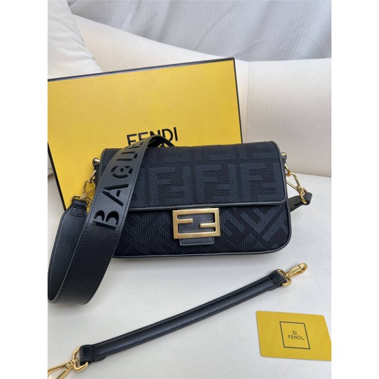 Fendi Baguette Medium 26 Black Canvas Gold Buckle 26x13x6cm