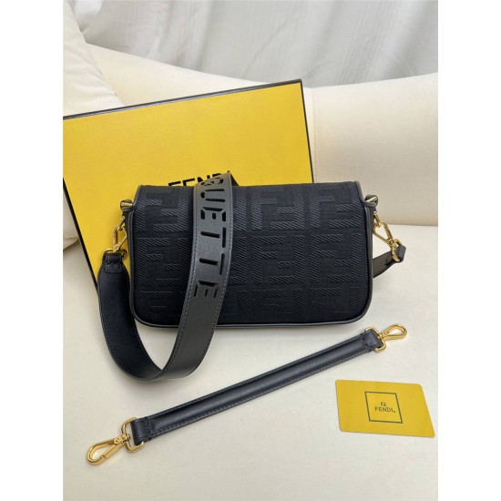 Fendi Baguette Medium 26 Black Canvas Gold Buckle 26x13x6cm