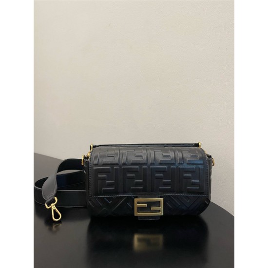 Fendi  Baguette Medium 26 Black All Leather Embossed Gold Buckle 26x13x6cm