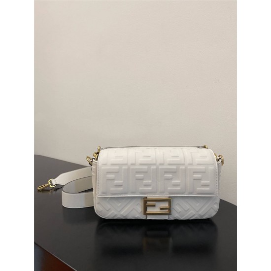 Fendi  Baguette Medium 26 White All Leather Embossed Gold Buckle 26x13x6cm