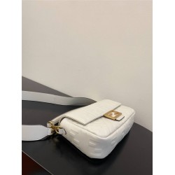 Fendi  Baguette Medium 26 White All Leather Embossed Gold Buckle 26x13x6cm