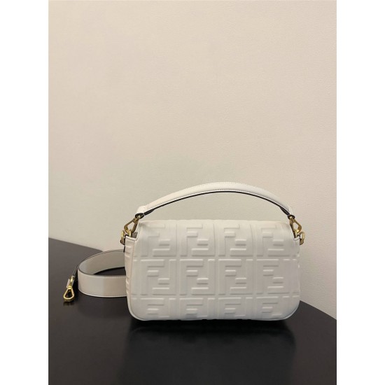 Fendi  Baguette Medium 26 White All Leather Embossed Gold Buckle 26x13x6cm