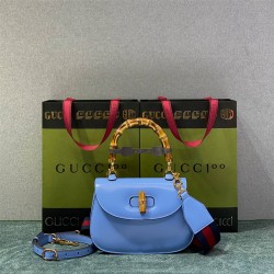 Gucci Bamboo 1947, Small 21cm, Blue, Gold Hardware, Size: 21x15x7cm, Model: 675797