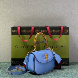 Gucci Bamboo 1947, Small 21cm, Blue, Gold Hardware, Size: 21x15x7cm, Model: 675797