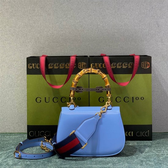 Gucci Bamboo 1947, Small 21cm, Blue, Gold Hardware, Size: 21x15x7cm, Model: 675797