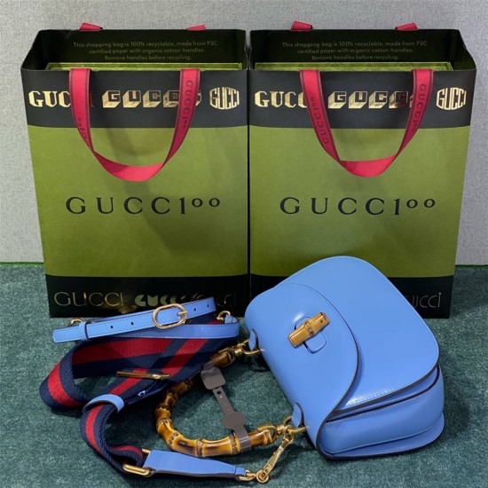 Gucci Bamboo 1947, Small 21cm, Blue, Gold Hardware, Size: 21x15x7cm, Model: 675797