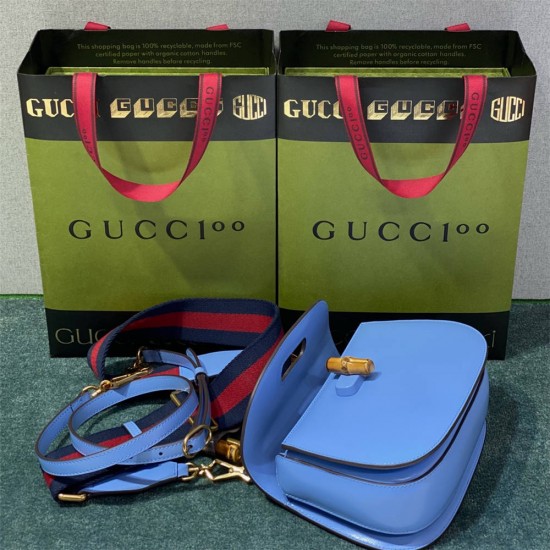 Gucci Bamboo 1947, Small 21cm, Blue, Gold Hardware, Size: 21x15x7cm, Model: 675797