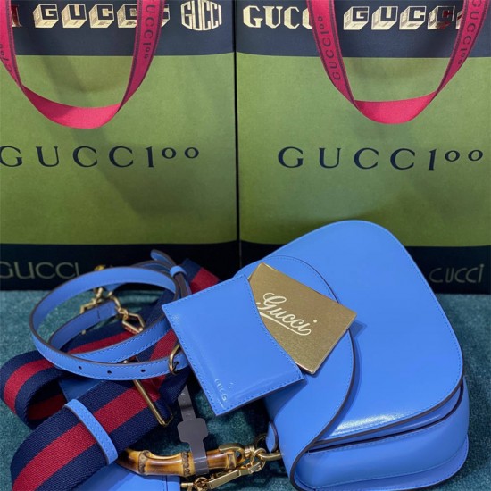 Gucci Bamboo 1947, Small 21cm, Blue, Gold Hardware, Size: 21x15x7cm, Model: 675797